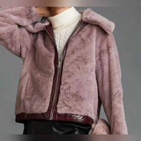 Maeve x Anthropologie Faux Fur Jacket Patent Trim Pink Rose Mauve, Large, NWOT - Picture 4 of 15